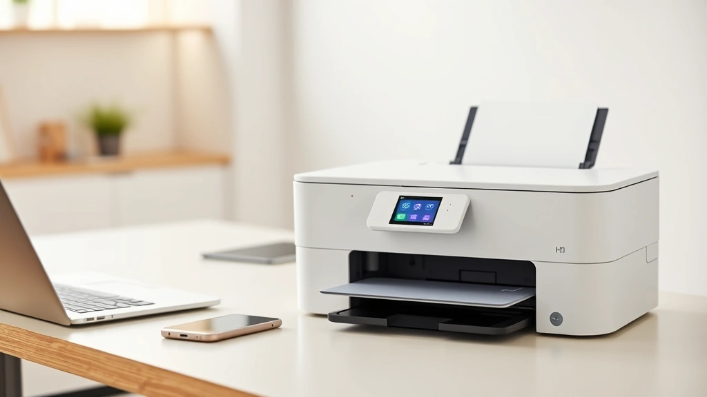 Modern home office workspace with a WiFi-enabled inkjet printer on a desk next to a laptop and smartphone, showing wireless connection indicators on the printer's display panel
