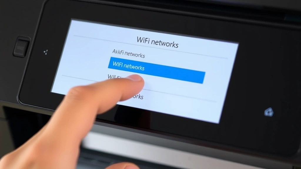 Close-up of a printer's touchscreen control panel displaying the WiFi network selection menu with available networks listed, hand interacting with the interface