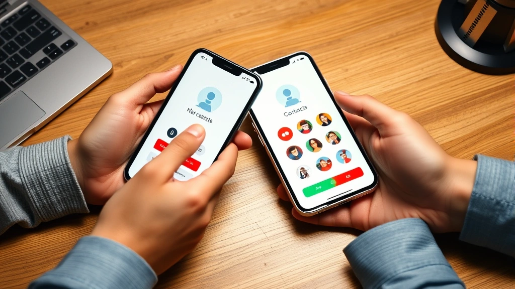 Close-up of hands holding an Android smartphone and iPhone side by side on wooden desk, both showing contact applications on screen, professional photography studio lighting