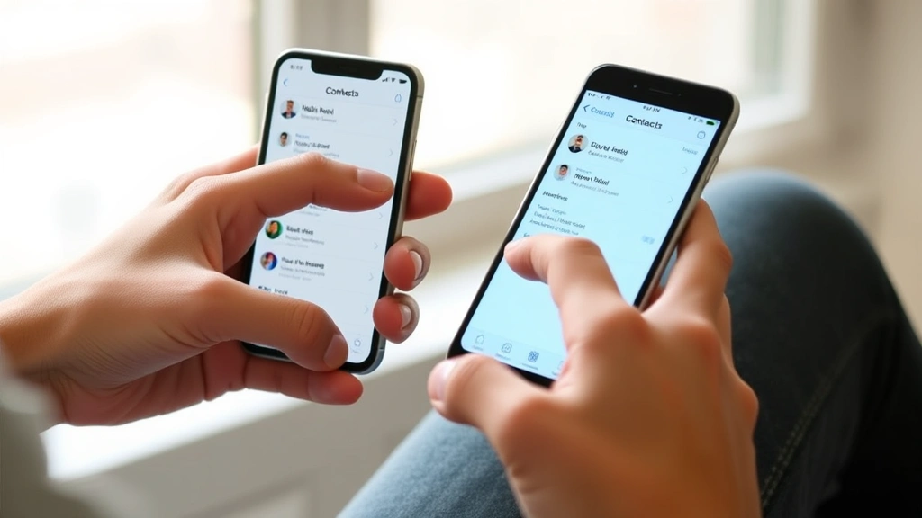 Person's hands using iPhone with Contacts app open, finger pointing at contact information, natural daylight, showing successful contact synchronization between devices