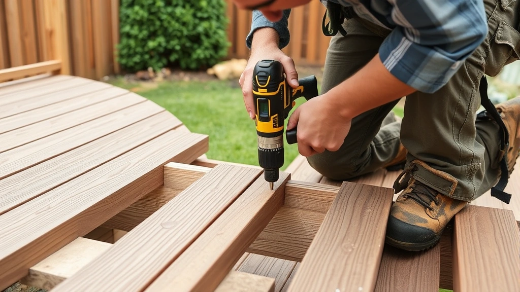 Skilled carpenter installing composite decking boards perpendicular to pressure-treated joists with cordless drill, checking spacing with penny, residential backyard