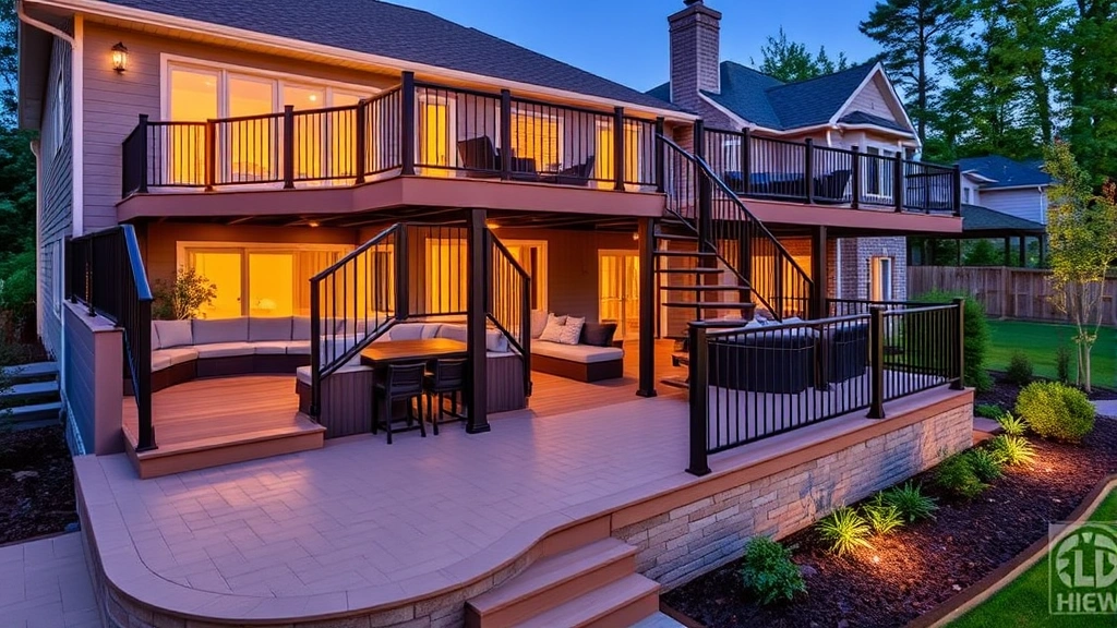 Completed multi-level composite deck with metal railing system, stairs with handrails, built-in seating, and landscaping, evening outdoor entertaining space