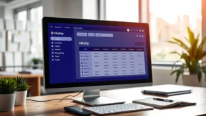 Professional workspace showing computer monitor displaying ClickUp interface with table data visible, bright office lighting, organized desk with notebook