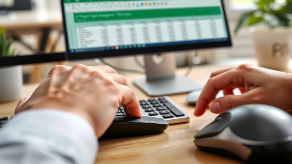 Close-up of hands using computer keyboard and mouse while viewing Excel spreadsheet with data imported from project management system, natural office environment