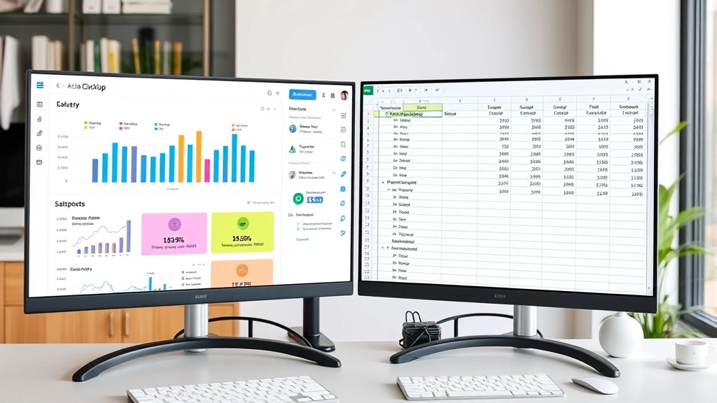 Split-screen view showing ClickUp dashboard on left and Excel spreadsheet on right with matching data, professional business setting with modern ergonomic desk setup