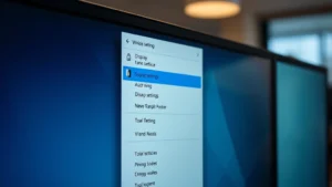 Close-up of desktop right-click context menu showing 'Display settings' option highlighted on a Windows PC monitor, realistic office lighting