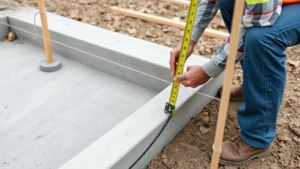 Contractor measuring and marking concrete foundation with chalk line for shed placement, showing proper layout technique with string lines and stakes