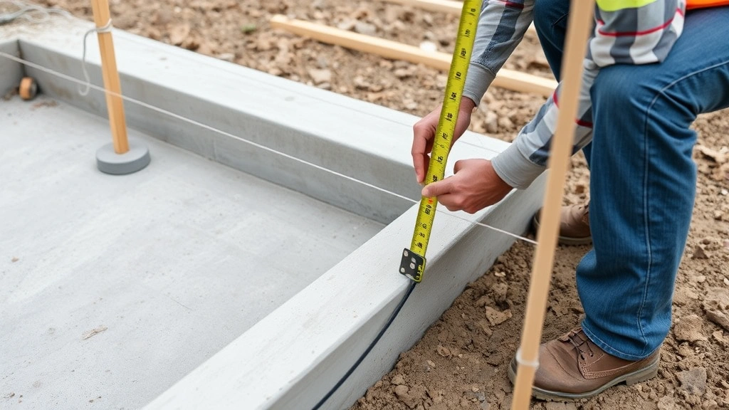 Contractor measuring and marking concrete foundation with chalk line for shed placement, showing proper layout technique with string lines and stakes