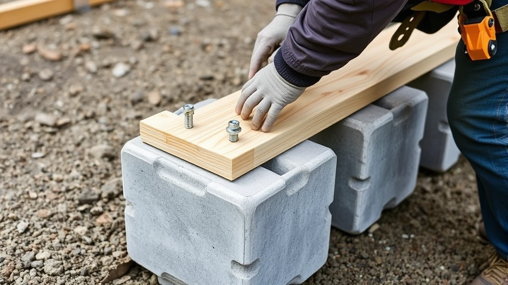 Worker installing pressure-treated lumber rim board on concrete pier foundation blocks, demonstrating secure fastening with bolts and washers