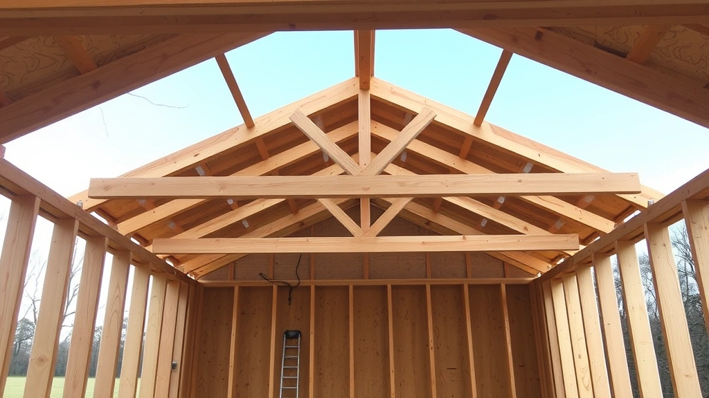 Completed shed frame showing vertical 2x4 studs, horizontal bracing, and roof truss assembly from elevated angle showing structural integrity