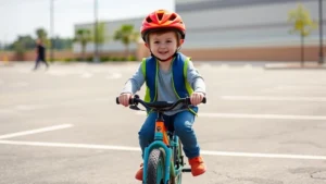Young child wearing bright helmet and safety gear learning to balance on small colorful bike in empty parking lot with adult nearby, sunny day, realistic photography