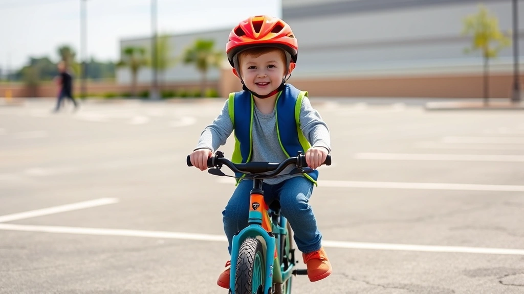 Young child wearing bright helmet and safety gear learning to balance on small colorful bike in empty parking lot with adult nearby, sunny day, realistic photography