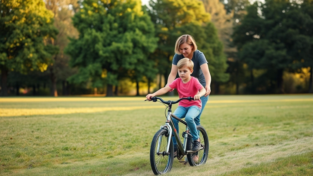 Parent guiding child on bicycle through flat grassy park area with trees in background, child focused and determined expression, morning light, natural setting