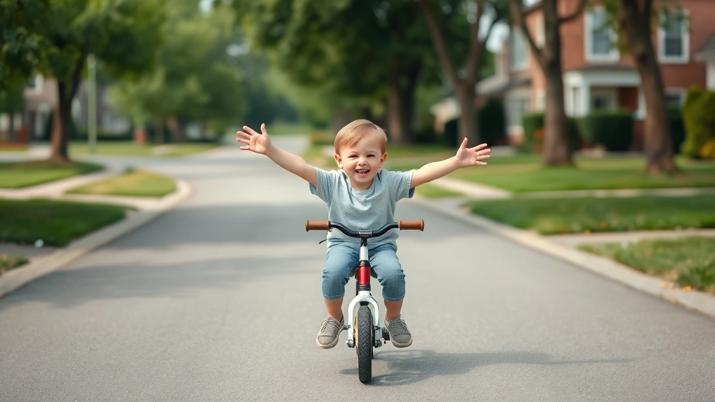 Child riding independently on smooth paved path through residential neighborhood with trees, arms extended for balance, genuine smile, daytime clear weather