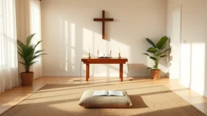Serene prayer room interior with soft natural lighting from sheer curtains, wooden meditation cushion on woven rug, simple wooden altar table with candles and religious texts, neutral cream walls, potted green plants in corners, peaceful contemplative atmosphere