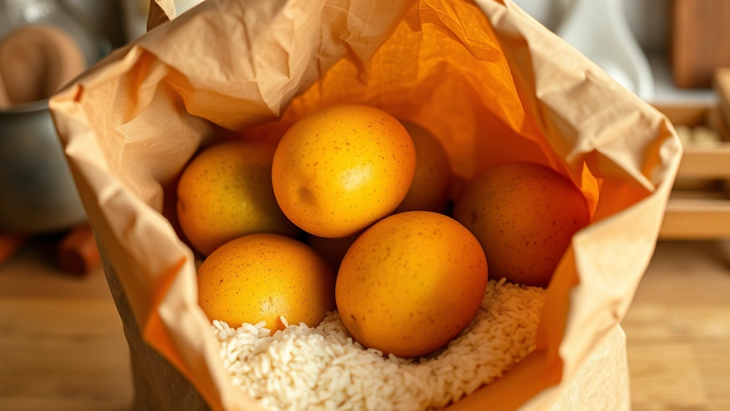 Interior of a brown paper bag containing mangoes with uncooked rice at the bottom, partially open bag in a warm kitchen setting, soft natural lighting showing the ripening setup