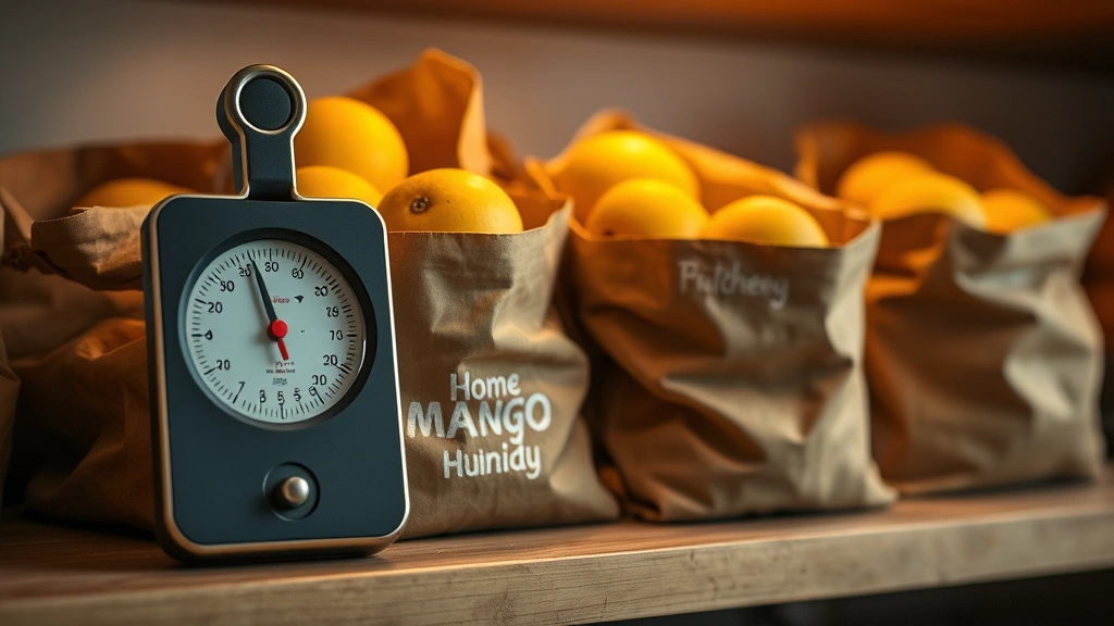 Thermometer and humidity meter displayed on a kitchen shelf with brown paper bags containing mangoes, warm ambient lighting, realistic home storage environment