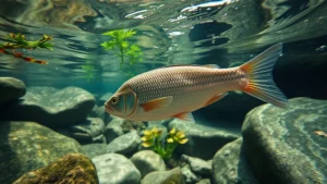 Feebas swimming in clear mountain river water surrounded by smooth rocks and aquatic plants, photorealistic underwater perspective