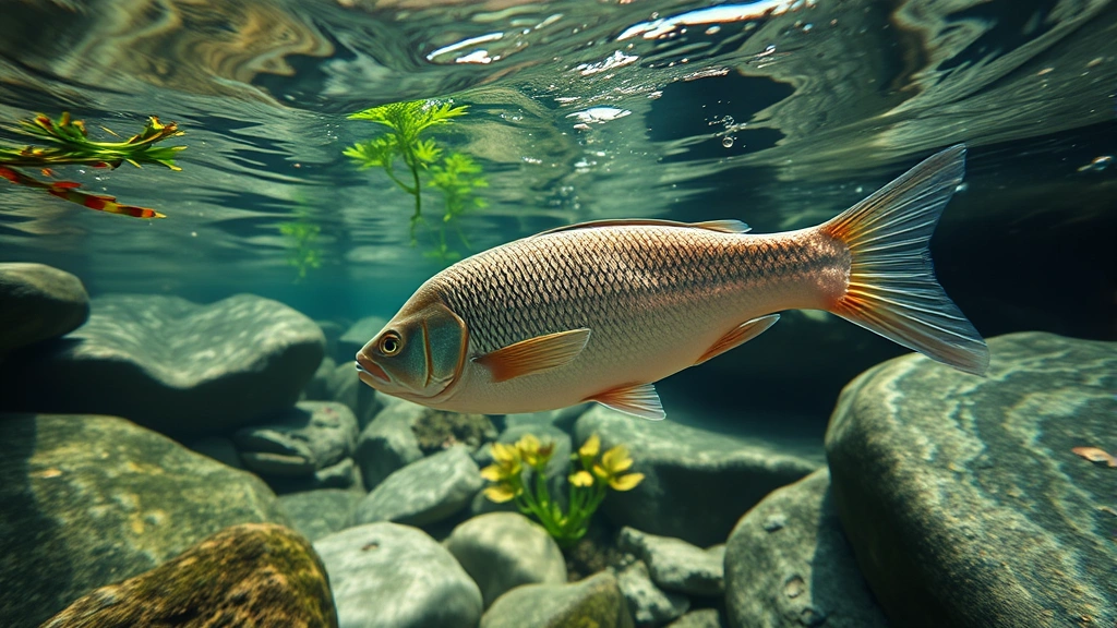 Feebas swimming in clear mountain river water surrounded by smooth rocks and aquatic plants, photorealistic underwater perspective