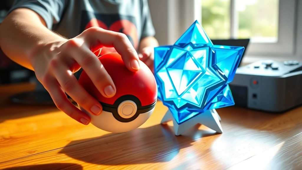 Trainer holding Pokéball near sparkling blue Prism Scale on wooden table with game console in background, bright natural lighting
