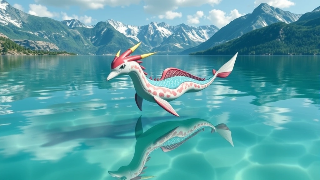 Milotic elegantly swimming in pristine water body with mountains reflected in background, majestic and powerful appearance, professional game screenshot style