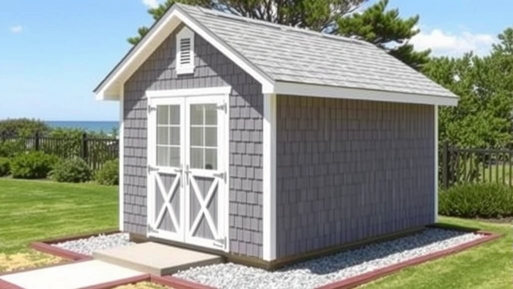 Finished Nantucket-style shed with weathered gray board-and-batten siding, white trim, peaked roof with gray shingles, small window with white shutters, gravel landscaping around foundation, coastal property setting with manicured lawn