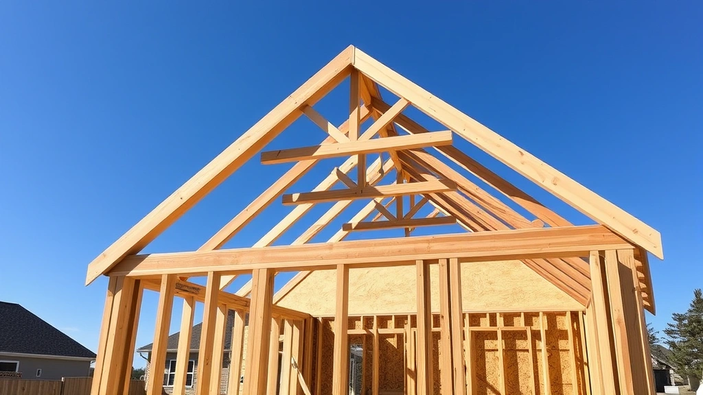 Construction phase showing wooden frame structure with peaked roof trusses exposed, 2x4 framing studs spaced evenly, plywood roof sheathing partially installed, sunny day with clear blue sky, residential property background