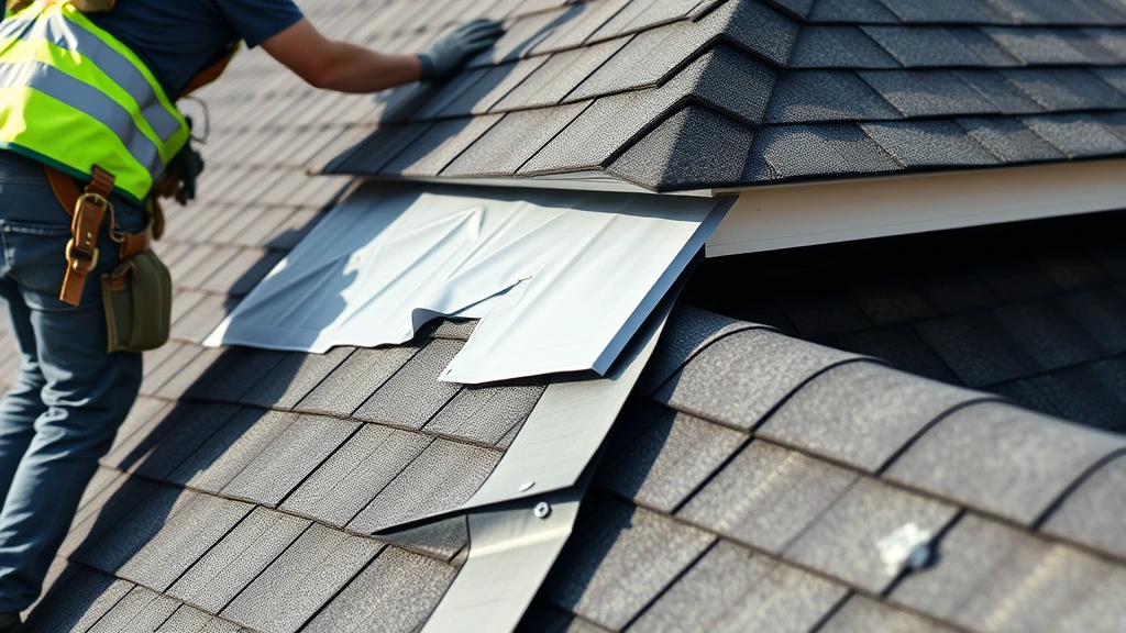 Close-up detail of roof installation showing architectural shingles being applied, worker in safety gear on pitched roof, proper flashing at roof valley, roofing underlayment visible, quality craftsmanship and attention to detail evident