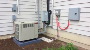 Residential standby generator installation beside home showing metal conduit runs to electrical panel, grounding rods in earth, weatherproof disconnect switch mounted on exterior wall, daytime outdoor setting with clear visibility of all connections and equipment