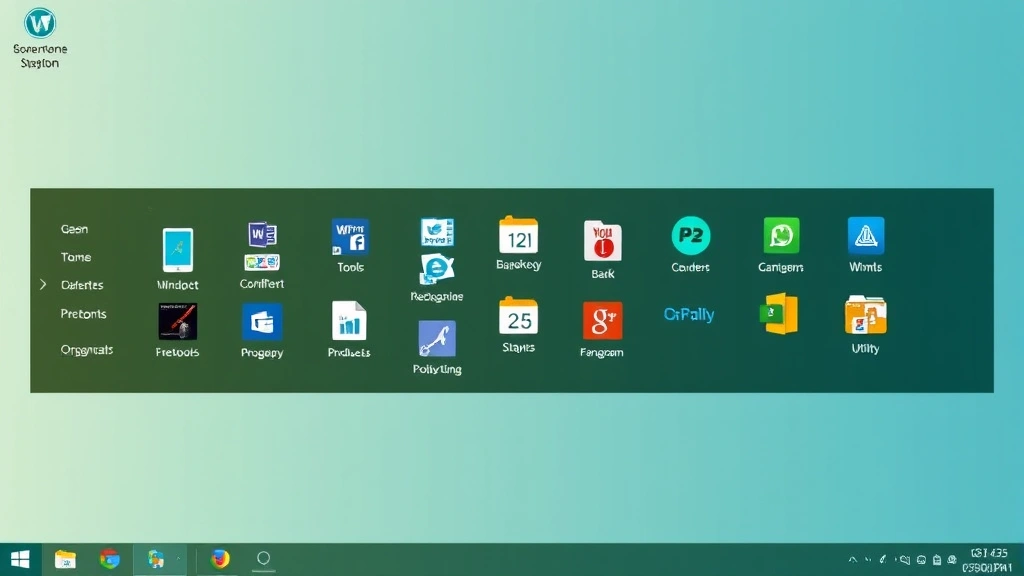 Organized Windows taskbar with logically grouped application icons arranged by category, including communication tools, productivity software, and utility programs displayed horizontally