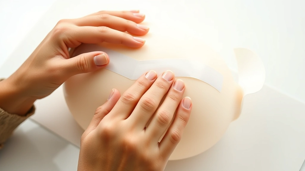 Close-up of hands carefully applying medical-grade adhesive tape to a silicone breast form on a clean white surface, showing proper overlap technique and tape positioning