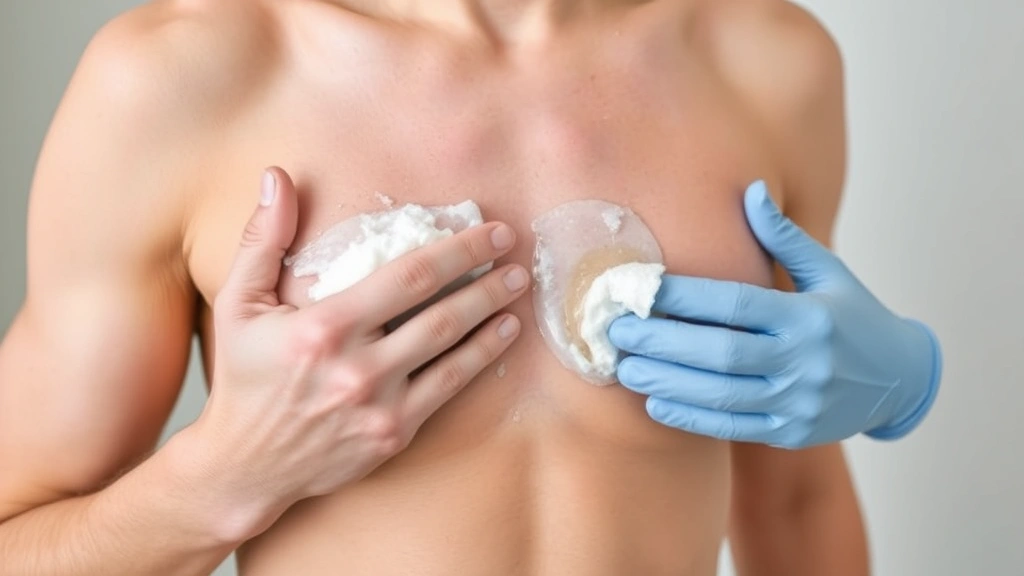 Person demonstrating proper skin preparation with mild soap and warm water cleansing of chest area before prosthetic form application, emphasizing hygiene and skin care