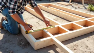 A construction worker carefully measuring and marking wall studs on a wooden frame lying flat on the ground, showing proper framing layout with tape measure and pencil in a sunny outdoor yard setting