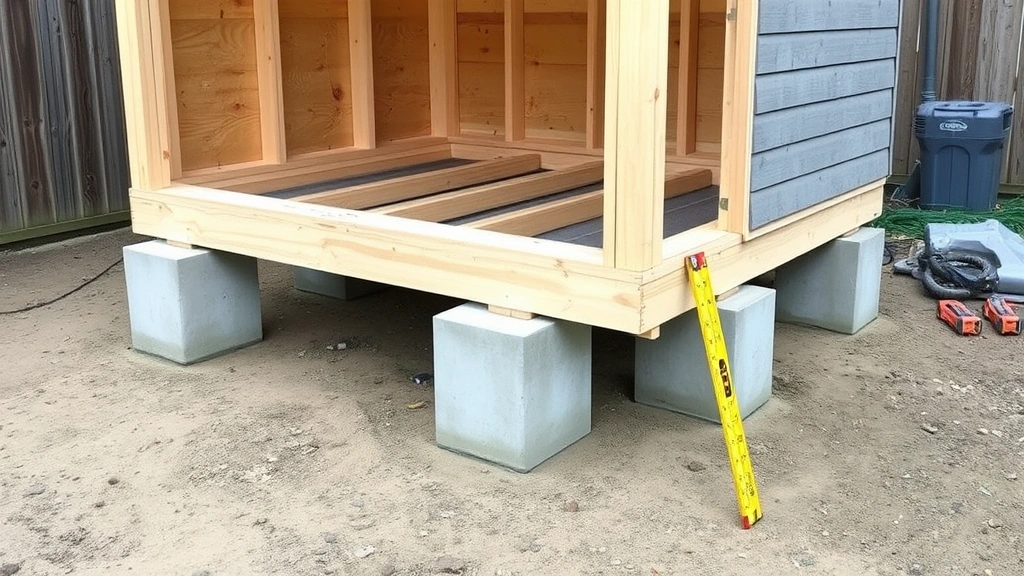 A completed shed foundation showing concrete piers properly spaced with pressure-treated lumber frame secured on top, demonstrating level construction with measuring tools and level visible