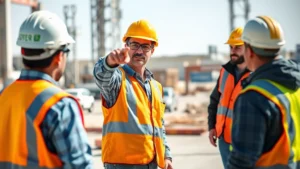 Professional construction worker on active job site pointing and gesturing directional instructions to team members, wearing hard hat and safety gear, bright natural lighting showing teamwork communication