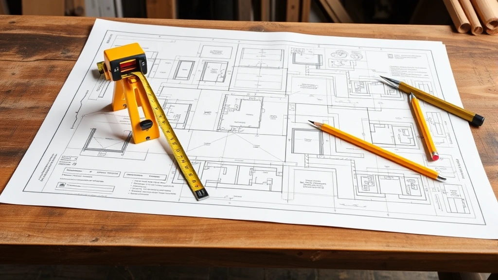Detailed blueprint or construction drawing spread on wooden workbench with measuring tape, pencil, and level tools visible, showing spatial annotations and directional markings