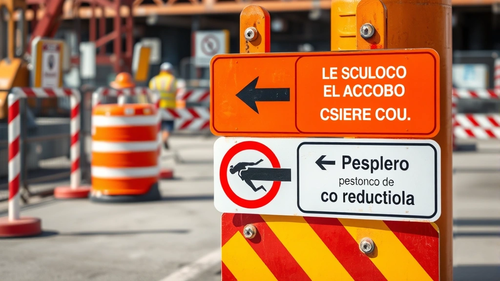 Close-up of Spanish-language construction signage and directional markers on job site, including safety barriers and positioning guides, clear daytime lighting