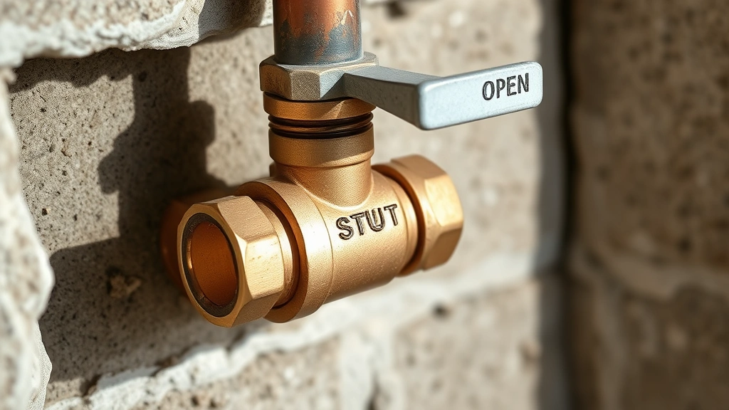 Close-up of a brass ball valve main water shutoff with lever handle positioned perpendicular to copper pipe, installed in basement foundation wall, clearly showing the shut and open positions with natural lighting