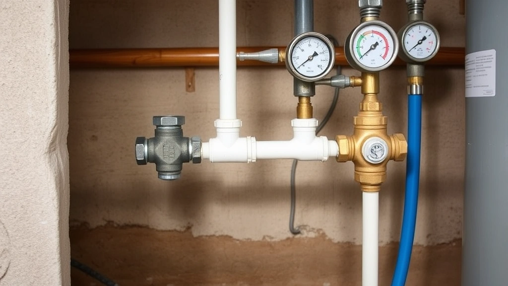 Residential basement utility area showing main water shutoff valve location near foundation where water line enters home, with pressure gauge and angle stops visible on nearby fixtures