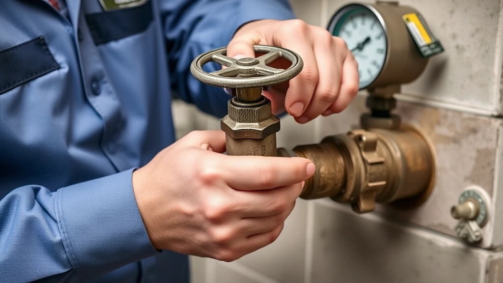 Professional plumber's hands operating a gate valve shutoff with round handle, demonstrating clockwise rotation to close, with water meter visible in background, showing proper technique