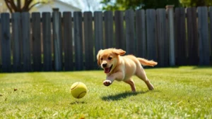 Golden retriever puppy enthusiastically chasing a tennis ball across a grassy, fenced yard on a sunny day