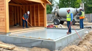 Professional shed construction showing concrete foundation being poured with level checking tools, workers in safety gear, concrete mixer visible in background