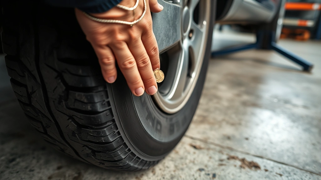 Close-up of mechanic checking tire tread depth on vehicle wheel using penny test method, professional automotive setting with concrete floor