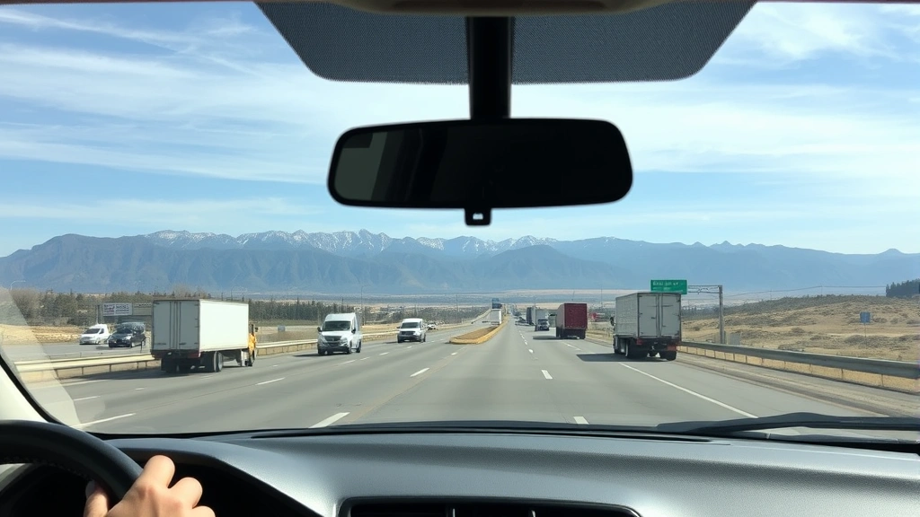 Dashboard view from driver's seat on Interstate 25 highway with clear day, mountains visible in distance, multiple lanes of traffic with trucks