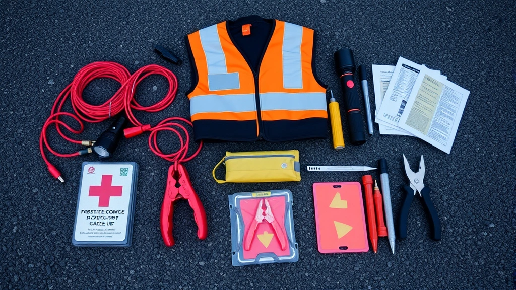 Emergency roadside kit laid out on asphalt including jumper cables, flashlight, first aid kit, reflective vest, flares, and basic tools organized professionally