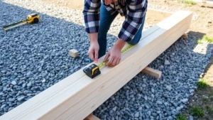 Carpenter measuring and marking pressure-treated lumber foundation beams on a gravel base with level and measuring tape, sunny outdoor setting, morning light