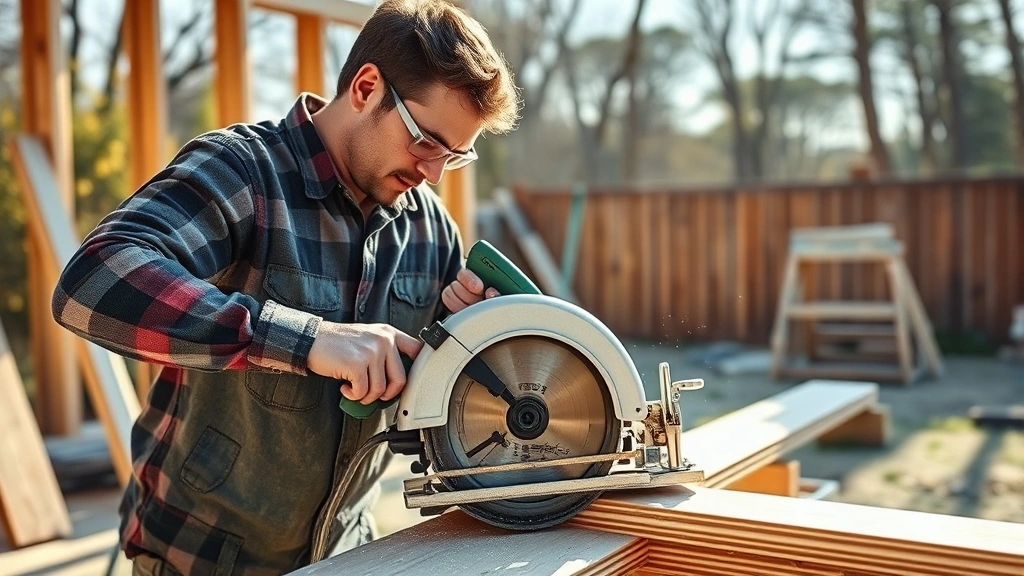 Professional carpenter using circular saw to cut pressure-treated deck boards, wearing safety glasses, sawdust visible, morning sunlight on construction site