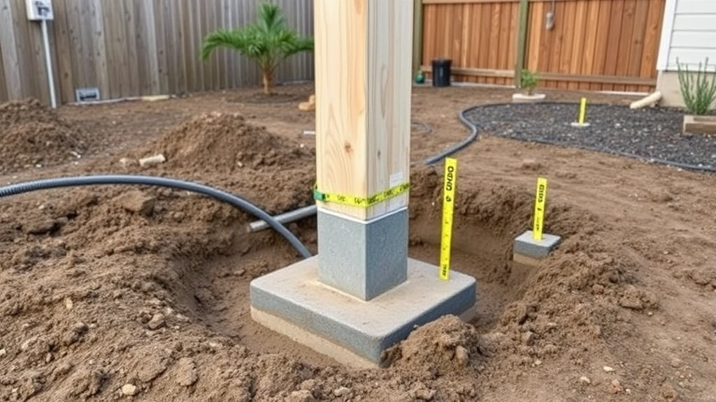 Concrete post footings being installed in Nashville clay soil with power auger visible, frost line depth reference markers, residential backyard setting