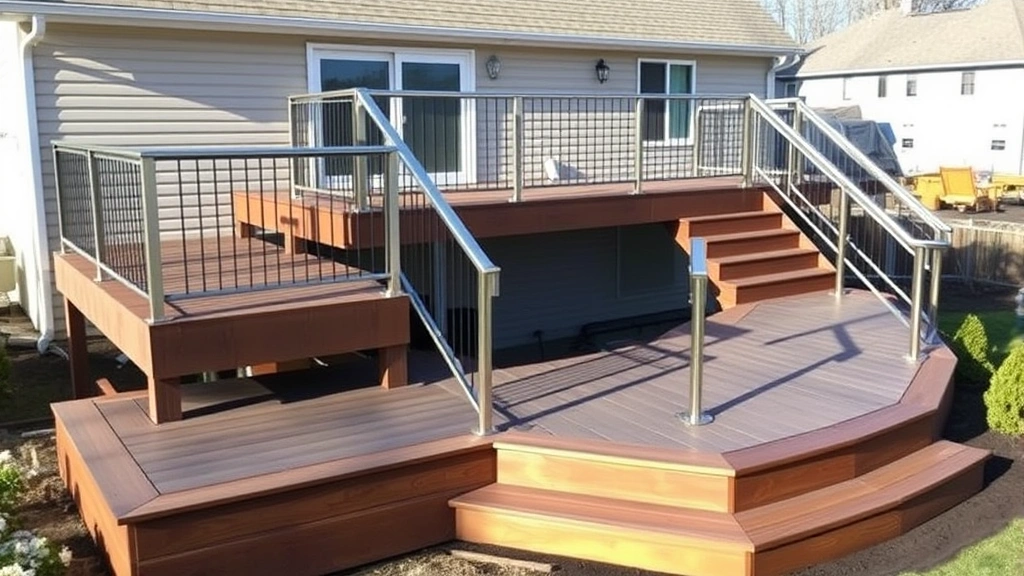 Completed multi-level deck with composite decking boards, stainless steel railings, wooden steps, and landscaping, afternoon shadows visible, professional finish