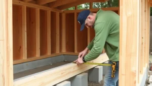 Carpenter measuring and marking pressure-treated lumber for shed wall framing, showing proper layout and square positioning on concrete piers foundation